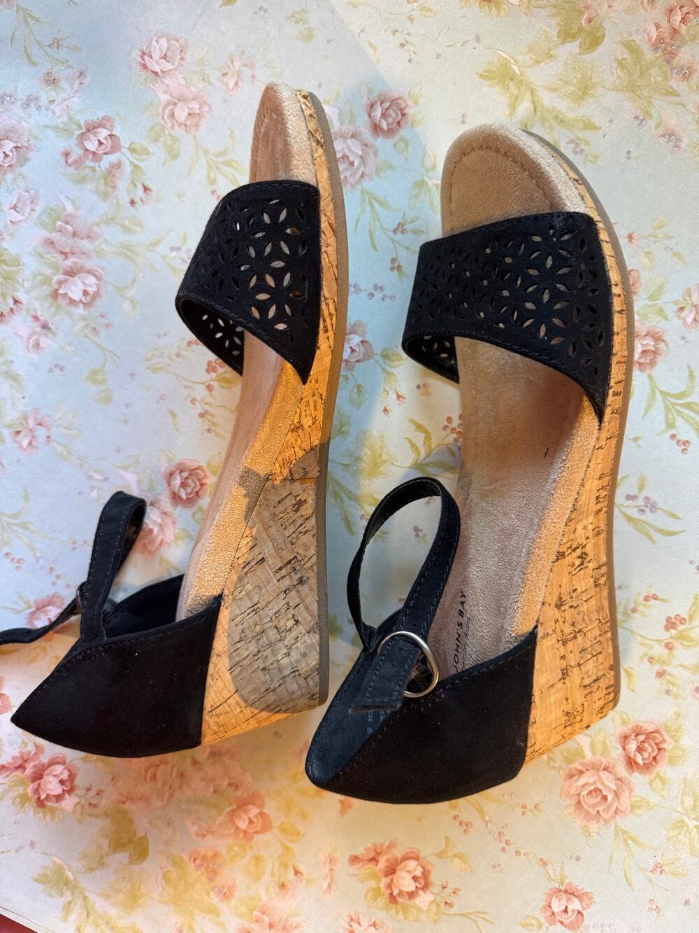 St. John’s Bay Black Cork Wedge Sandals 6.5 Memory Foam Cutout Ankle Strap